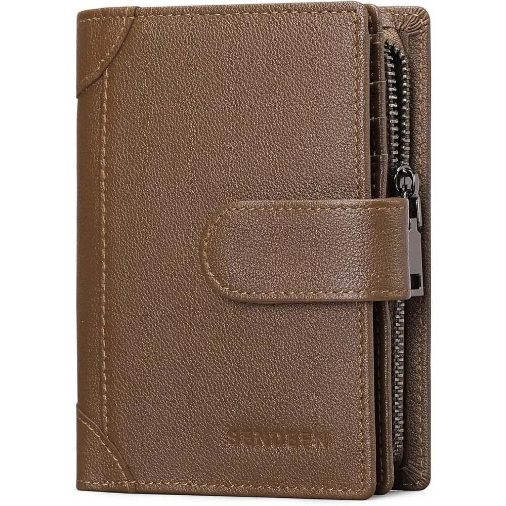 Men's F-Brown Genuine Leather Bifold Wallet Blocking Credit Card Coin Pocket